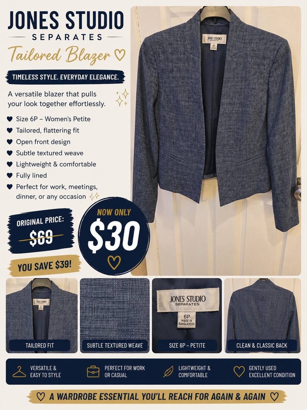 Jones Studio Blue Textured Open-Front Blazer